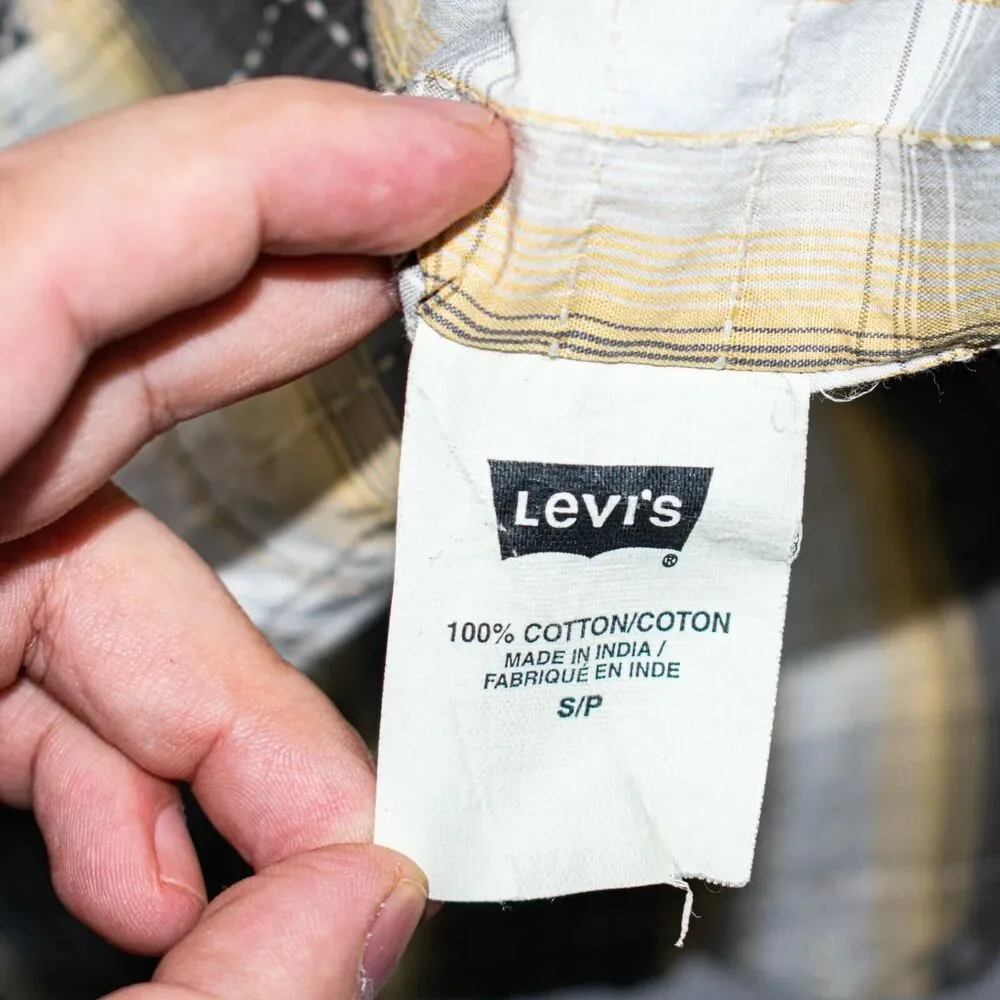 Levi's Men's Western Pearl Snap Shirt Gray Beige Plaid Size Small